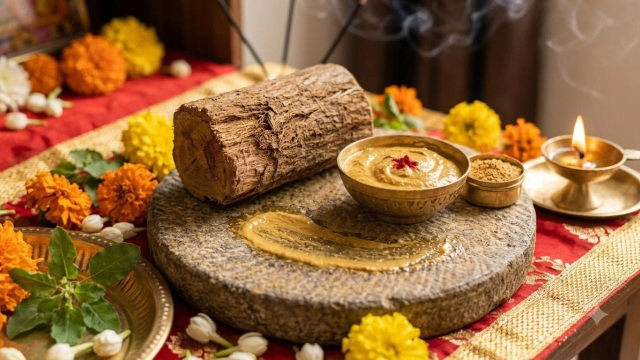 चंदन को संस्कृत में श्रीखंडम कहते हैं। देवी-देवताओं की पूजा में चंदन अर्पित करने और उनके सिर पर तिलक लगाने की परंपरा सदियों से चली आ रही है। धार्मिक मान्यताओं के अनुसार, शिवलिंग पर चंदन चढ़ाया जाता है। भगवान विष्णु और उनके अवतारों की पूजा में सफेद और लाल चंदन अर्पित करने की भी परंपरा है।