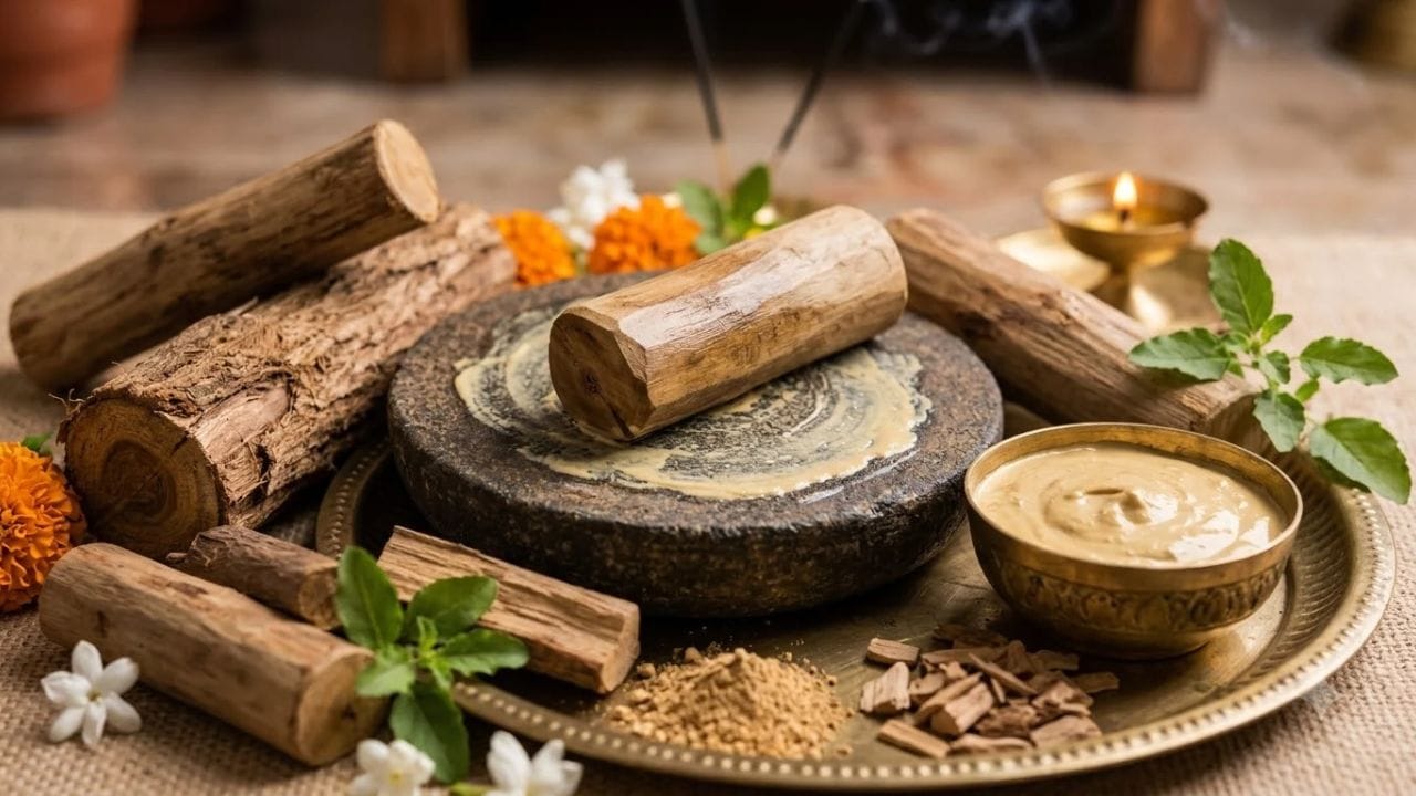 चंदन के शीतल प्रभाव के कारण इसे सिर पर लगाने की पारंपरिक परंपरा है। यह ठंडक का एहसास दिलाता है, खासकर गर्मी या थकान से होने वाले सिरदर्द में। चंदन का उपयोग त्वचा की देखभाल में भी किया जाता है। इसका पेस्ट त्वचा को ठंडक पहुँचाते हुए अतिरिक्त तैलीयपन को कम करने में मदद करता है।